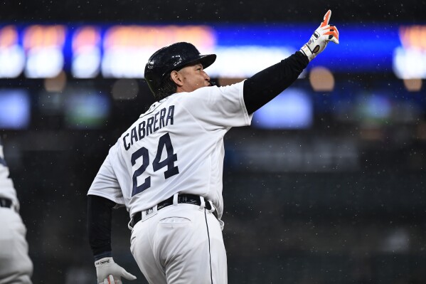 Detroit Tigers' Miguel Cabrera gestures after hitting a home run off Kansas City Royals starting pitcher Jonathan Bowlan during the second inning of a baseball game Wednesday, Sept. 27, 2023, in Detroit. (AP Photo/Jose Juarez)
