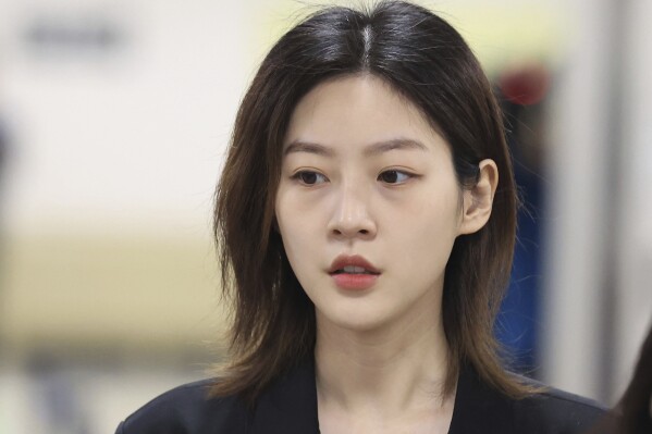 South Korean actor Kim Sae-ron arrives at the Seoul Central District Court in Seoul, South Korea, Wednesday, April 5, 2023. (Yonhap via AP)