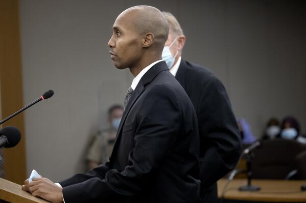 FILE - Former Minneapolis police officer Mohamed Noor addresses Judge Kathryn Quaintance at the Hennepin County Government Center, Thursday, Oct. 21, 2021, in Minneapolis. Noor, who fatally shot a woman who called 911 to report a possible sexual assault behind her home in 2017, is scheduled to be released from incarceration on Monday, June 27, 2022. (Elizabeth Flores/Star Tribune via AP, Pool, File)