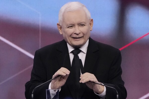 FILE - Jaroslaw Kaczynski, the head of Poland's ruling Law and Justice party, speaks to a party convention in Warsaw, Poland, Sunday, May 14, 2023. Poland's ruling party leader Jaroslaw Kaczynski said Friday, Aug. 11, 2023, that Polish voters will be asked to decide whether they support the sell-off of state-owned enterprises in a referendum, saying it would be about “whether the wealth of generations will remain in Polish hands.” (AP Photo/Czarek Sokolowski, File)
