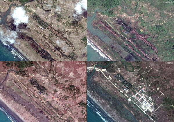 From left to right, May 2017, the Rohingya lived in the brown homes. Second image from Sept. 2017 shows homes were burned and then shown bulldozed in February 2018 to make room for new buildings, shown in April 2019. (Imagery courtesy of Maxar Technologies).