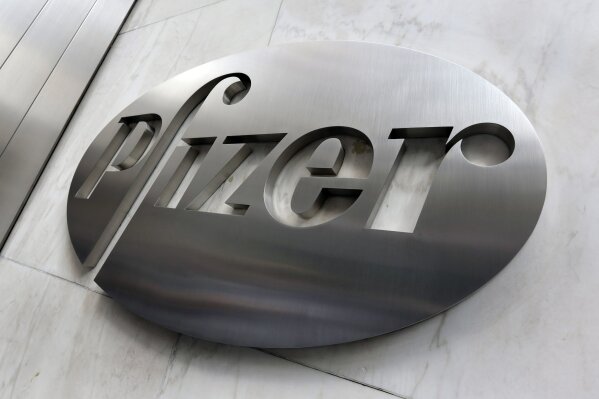 File- This Dec. 4, 2017, photo shows the Pfizer company logo at the company's headquarters in New York.  The federal government has agreed to pay nearly $2 billion for 100 million doses of a potential COVID-19 vaccine being developed by the U.S. drugmaker and its German partner BioNTech.  (AP Photo/Richard Drew, File)