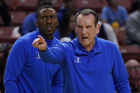 Duke head coach Mike Krzyzewski yells during the first half of a college basketball game against the Cal State Fullerton in the first round of the NCAA tournament on Friday, March 18, 2022, in Greenville, S.C. (AP Photo/Chris Carlson)