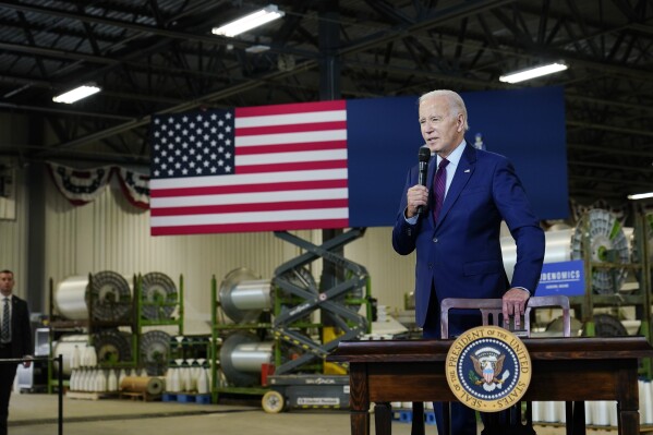 FILE - President Joe Biden speaks at Auburn Manufacturing Inc., Friday, July 28, 2023, in Auburn, Maine. Capital punishment could emerge as a major campaign issue in the U.S. presidential race for the first time in 30 years, with top GOP rivals Donald Trump and Ron DeSantis already one-upping each other by touting tougher, more far-reaching death penalty laws. Meanwhile, death penalty foes are poised to draw attention to what Biden hasn’t done as president: He has taken no action on or even spoken about his 2020 campaign pledge to strike capital punishment from U.S. statutes. (AP Photo/Susan Walsh, File)