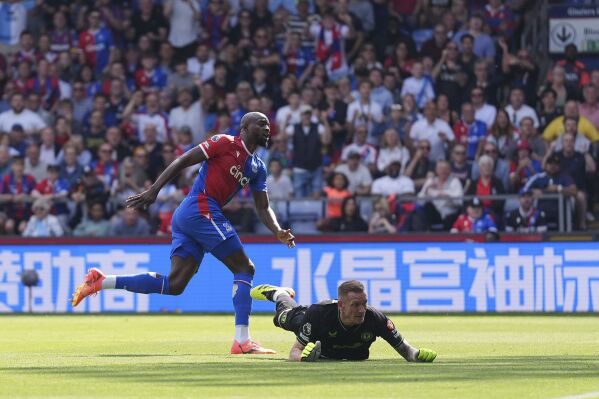 Crystal Palace's Jean-Philippe Mateta scores their side's first goal of the game during the Premier League match between Aston Villa and Crystal Palace at Selhurst Park, London, Sunday May 19, 2024. (Zac Goodwin/PA via AP)