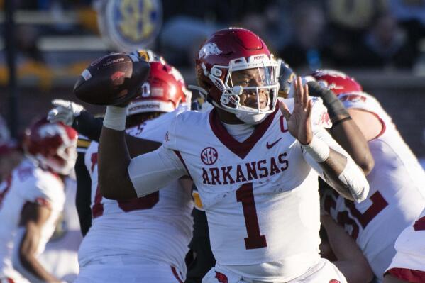 Arkansas quarterback KJ Jefferson throws a pass during the second quarter of an NCAA college football game against Missouri Friday, Nov. 25, 2022, in Columbia, Mo. (AP Photo/L.G. Patterson)
