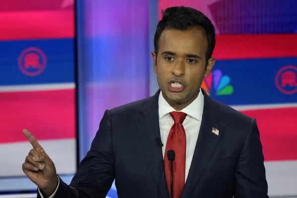 Republican presidential candidate businessman Vivek Ramaswamy speaks during a Republican presidential primary debate hosted by NBC News, Wednesday, Nov. 8, 2023, at the Adrienne Arsht Center for the Performing Arts of Miami-Dade County in Miami. (AP Photo/Rebecca Blackwell)