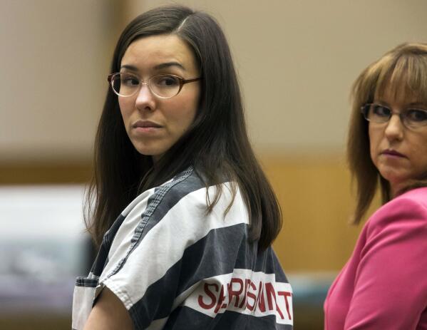 FILE - In this April 13, 2015, file photo, Jodi Arias, left, looks on next to her attorney, Jennifer Willmott, during her sentencing in Maricopa County Superior Court in Phoenix. Lawyers are scheduled to make arguments Thursday, Oct. 17, 2019 before the Arizona Court of Appeals as Jodi Arias seeks to overturn her murder conviction in the 2008 death of her former boyfriend.
 (Mark Henle/The Arizona Republic via AP, Pool, File)