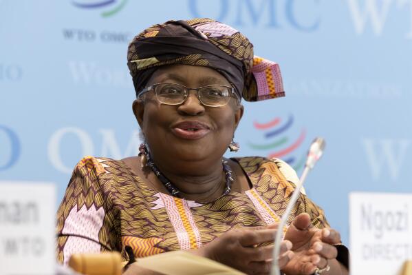 Nigeria's Ngozi Okonjo-Iweala, Director General of the World Trade Organisation (WTO), speaks to the media about WTO 2022-2023 trade forecast during a press conference, at the headquarters of the World Trade Organization (WTO) in Geneva, Switzerland, Tuesday, April 12, 2022. (Salvatore Di Nolfi/Keystone via AP)