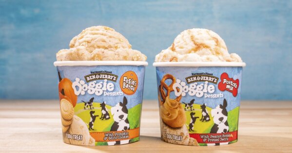 This photo provided by Ben & Jerry’s shows Ben & Jerry’s dog treats.  The venerable Vermont ice cream company said Thursday, Jan. 7, 2021, it’s introducing a line of frozen dog treats, its first foray into the lucrative pet food market. The treats, sold in 4-ounce cups, will arrive in U.S. groceries and pet stores later this month. (Ben & Jerry’s via AP)