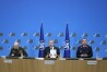 Chair of the NATO Military Committee Admiral Rob Bauer, center, Supreme Allied Commander Europe, General Christopher Cavoli, left, and Supreme Allied Commander Transformation General Chris Badia prepare to address a media conference at NATO headquarters in Brussels, Thursday, Jan. 18, 2024. Ukraine is locked in an existential battle for its survival almost two years into its war with Russia and Western armies and political leaders must drastically change the way they help it fend off invading forces, a top NATO military officer warned on Wednesday. (AP Photo/Virginia Mayo)