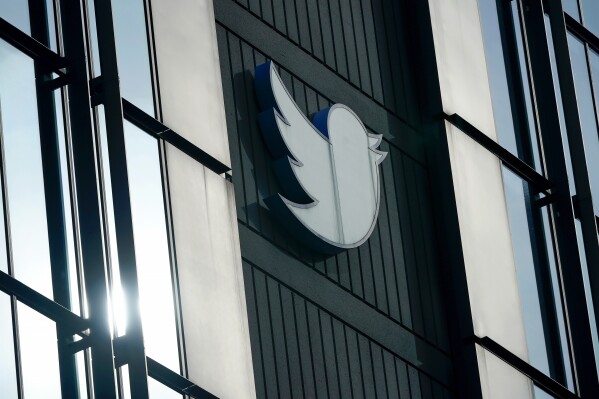 FILE - A Twitter logo hangs outside the company's offices in San Francisco, Dec. 19, 2022. Current and former employees filed a lawsuit against Twitter on Tuesday, June 20, 2023, over bonuses they say the social media company failed to pay despite promises it would. (AP Photo/Jeff Chiu, File)
