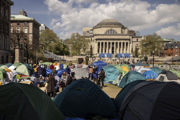 A pro-Palestinian demonstration encampment is seen at Columbia University, Friday, April 26, 2024, in New York.  (AP Photo/Yuki Iwamura)