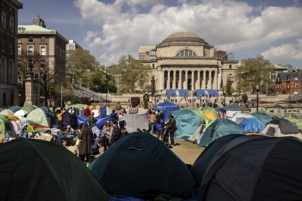 Pro-Palestinian demonstration encampment is seen at the Columbia University, Friday, April 26, 2024, in New York. (AP Photo/Yuki Iwamura)