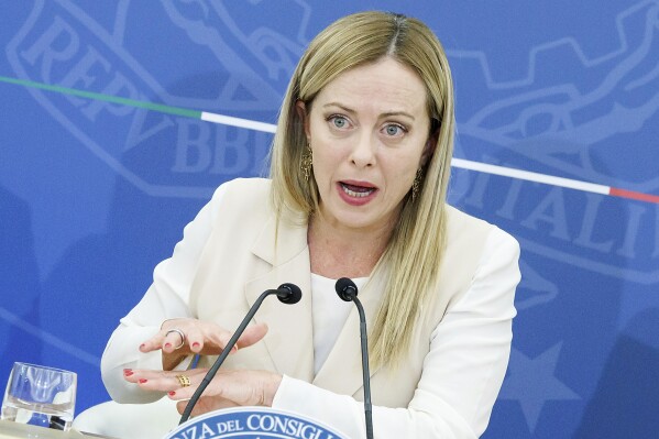 Italian Premier Giorgia Meloni speaks during a press conference at the end of the Council of ministers in Rome, Italy, Monday Oct. 16, 2023. Italy’s far-right-led government on Monday approved the 2024 budget that aims to bolster public health services, encourage families to have more children and put more money in the pockets of low-and-medium wage earners. (Roberto Monaldo/LaPresse via AP)