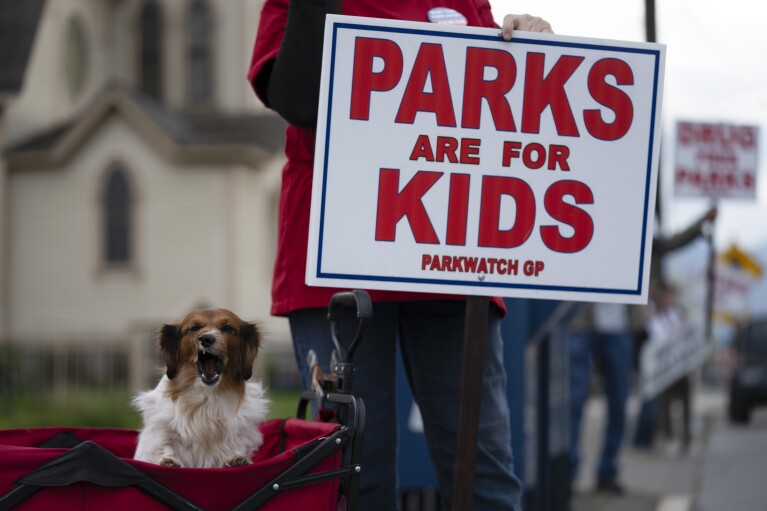 Brenda Sisson with her dog GinMeg protest against public drug use in parks outside City Hall on Wednesday, March 20, 2024, in Grants Pass, Ore. (AP Photo/Jenny Kane)