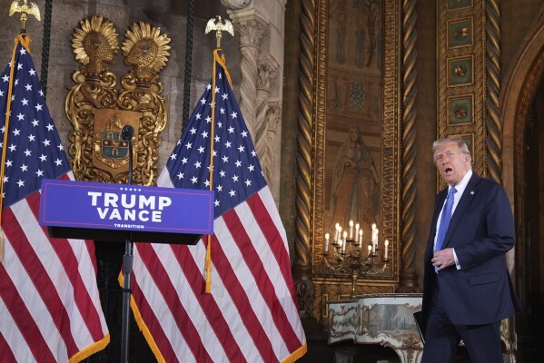 President-elect Donald Trump arrives for a news conference at Mar-a-Lago, Dec. 16, 2024, in Palm Beach, Fla. (AP Photo/Evan Vucci, File)