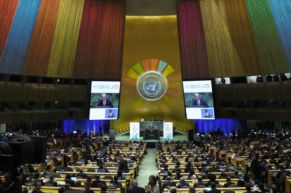 UN Secretary General Antonio Guterres addresses the United Nations Sustainable Development Forum, Monday, Sept. 18, 2023. (AP Photo/Richard Drew)