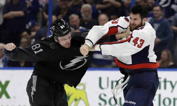 
              Washington Capitals right wing Tom Wilson (43) and Tampa Bay Lightning defenseman Erik Cernak (81) fight during the third period of an NHL hockey game Saturday, March 30, 2019, in Tampa, Fla. (AP Photo/Chris O'Meara)
            
