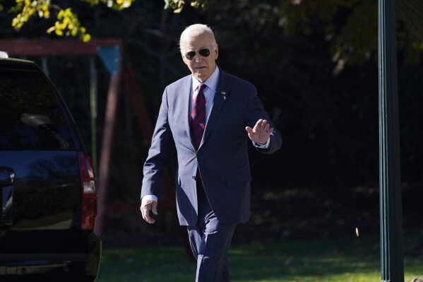 President Joe Biden walks across the South Lawn of the White House in Washington, Tuesday, Nov. 14, 2023, to board Marine One as he heads to San Francisco forAsia-Pacific Economic Cooperation (APEC) summit. (AP Photo/Susan Walsh)