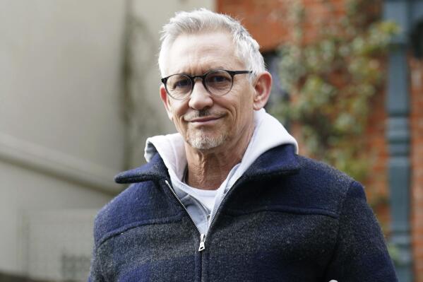 British soccer broadcaster Gary Lineker leaves his home, in London, Monday March 13, 2023. Lineker will return to airwaves after the BBC reversed the former soccer great's suspension on Monday following a post on Twitter that had criticized the British government’s new asylum policy. (James Manning/PA via AP)