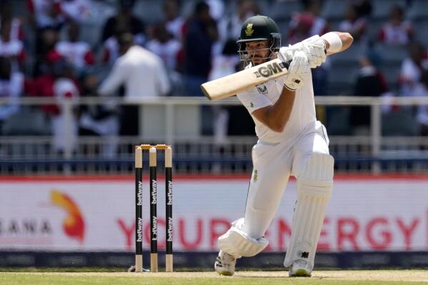 South Africa's batsman Aiden Markram watches his shot during the first day of the second test cricket match between South Africa and West Indies, at the Wanderers Stadium in Johannesburg, South Africa, Wednesday, March 8, 2023. (AP Photo/Themba Hadebe)