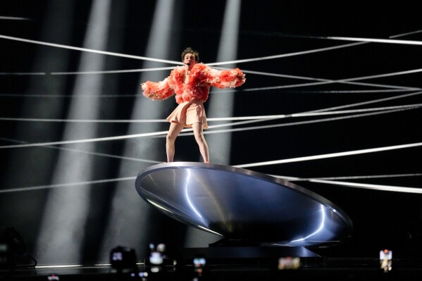 Nemo of Switzerland performs the song The Code during the dress rehearsal for the second semi-final at the Eurovision Song Contest in Malmo, Sweden, Wednesday, May 8, 2024. (AP Photo/Martin Meissner)