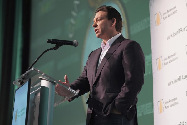 Republican presidential candidate Florida Gov. Ron DeSantis speaks at an Iowa Renewable Fuels Association Summit, Thursday, Jan. 11, 2024, in Des Moines, Iowa. (AP Photo/Abbie Parr)