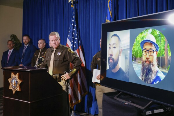 Sheriff Kevin McMahill speaks at a press conference on Thursday, March 27, 2025, announcing the arrest of Paul Hyon Kim in connection with the fires set at a Tesla service center last week in Las Vegas. (Bizuayehu Tesfaye/Las Vegas Review-Journal via AP)