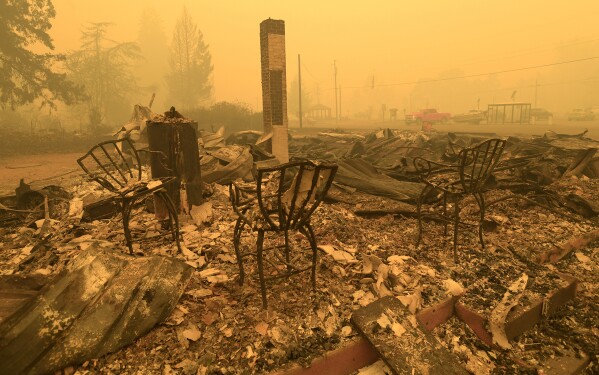 FILE - Chairs stand at the Gates Post office in the aftermath of a fire in Gates, Ore., Sept 9, 2020. An Oregon jury awarded $85 million Tuesday, Jan. 23, 2024, to nine victims of wildfires that ravaged the state in 2020, in the latest trial faced by utility PacifiCorp over its liability in the deadly blazes. (Mark Ylen/Albany Democrat-Herald via AP, File)
