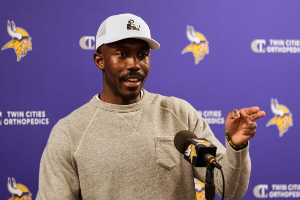 Minnesota Vikings general manager Kwesi Adofo-Mensah answers questions during an NFL football press conference Thursday, April 17, 2025, in Eagan, Minn. (AP Photo/Abbie Parr, File)