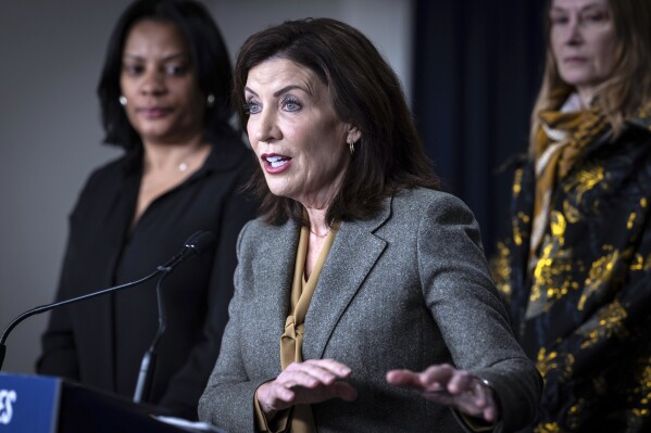 New York Gov. Kathy Hochul speaks at a press conference regarding the proliferation of illegal cannabis stores, Wednesday, Feb. 28, 2024, in New York.  (AP Photo/Stefan Jeremiah)