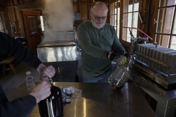 Bob Martin, right, bottles maple syrup as it passes through a filter press, Sunday, Feb. 25, 2024, in Rhinelander, Wis. (AP Photo/Joshua A. Bickel)
