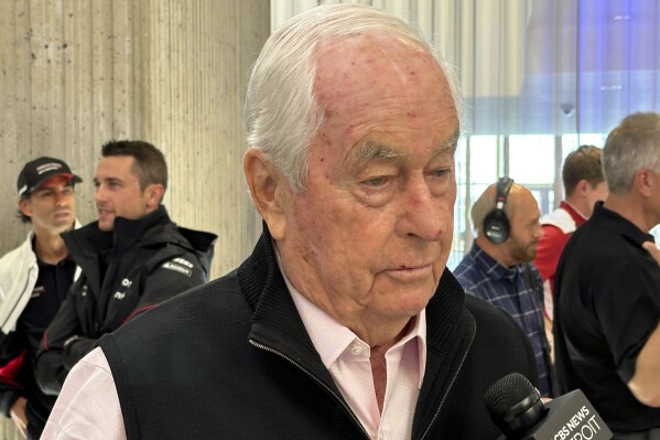 Car owner Roger Penske with the the media, Thursday, May 30, 2024, in Detroit. Penske is well aware that his integrity has been questioned due to a cheating scandal that cost Josef Newgarden his IndyCar season-opening victory. (AP Photo/Larry Lage)