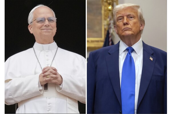 This combination photos shows Pope Leo XIV at the central balcony of St. Peter's Basilica at the Vatican, May 11, 2025, left, and President Donald Trump during an event in the Roosevelt Room at the White House, May 12, 2025, in Washington. (AP Photo)
