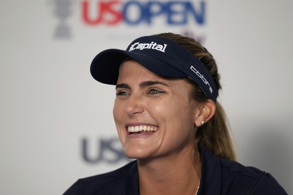 Lexi Thompson laughs during a news conference at the U.S. Women's Open golf tournament at Lancaster Country Club, Tuesday, May 28, 2024, in Lancaster, Pa. (AP Photo/Matt Rourke)