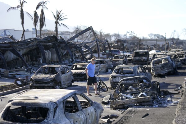 FILE - A man walks through wildfire wreckage in Lahaina, Hawaii, Aug. 11, 2023. The Federal Emergency Management Agency said Friday, Jan. 5, 2024 it plans to move thousands of hotel-dwelling survivors of wildfires on the Hawaiian island of Maui into long-term housing over the next month. AP Photo/Rick Bowmer, File)