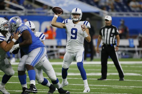 Detroit Lions offense huddles against Indianapolis Colts during an NFL  preseason football game, …