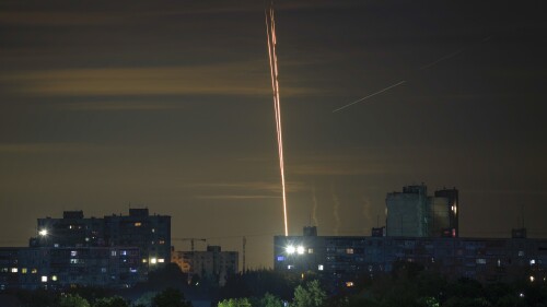 Russian rockets are launched against Ukraine from Russia's Belgorod region, seen from Kharkiv, Ukraine, Sunday, July 16, 2023. (AP Photo/Vadim Belikov)