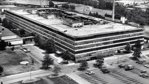 This photo provided by the National Archives and Records Administration shows the damaged sixth floor and roof of the Military Personnel Records Center in Overland, Mo., near St. Louis, after a massive fire that started on July 12, 1973. (National Archives via AP)