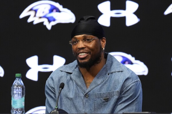Baltimore Ravens running back Derrick Henry speaks to media during a press conference at the Under Armour Performance Center in Owings Mills, Md., Monday, May 19, 2025. (AP Photo/Stephanie Scarbrough)