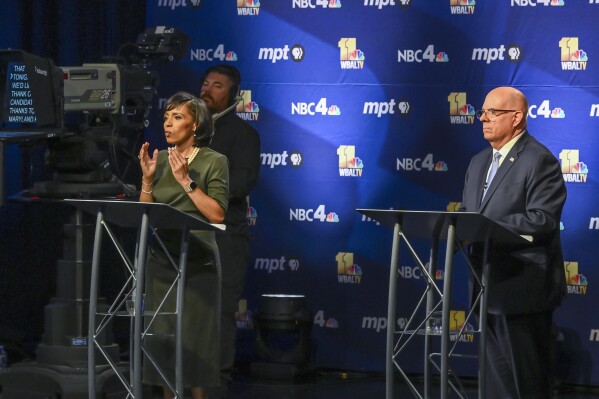 In this photo provided by Maryland Public Television, U.S. Senate in Maryland candidate Democrat Angela Alsobrooks speaks during a debate against fellow-candidate, Republican Larry Hogan at Maryland Public Television in Owings Mills, Md., Thursday, Oct. 10, 2024. (Michael Ciesielski Photography/Maryland Public Television via AP)