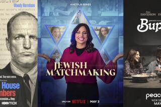 This combination of images shows promotional art for "White House Plumbers," a series premiering May 1 on HBO Max, left, "Jewish Matchmaking," a series premiering May 3 on Netflix, center, and "Bupkis," premiering May 4 on Peacock. (HBO Max/Netflix/Peacock via AP)