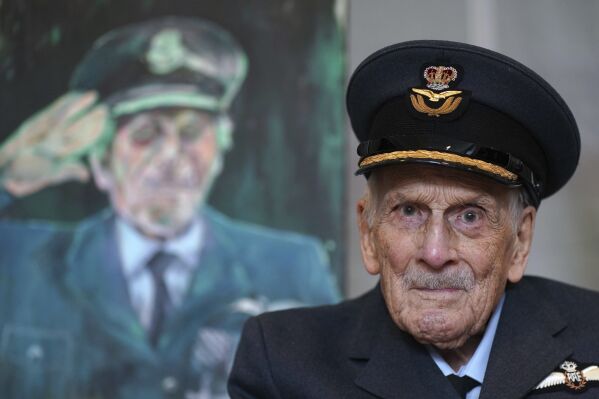 The last known Battle of Britain pilot, Group Captain John 'Paddy' Hemingway DFC celebrating his 105th birthday at the British Embassy in Dublin, Ireland, July 17, 2024. (Brian Lawless/PA via AP, File)