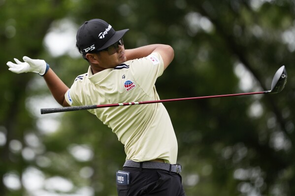 Ryo Hisatsune, of Japan, watches his tee shot on the fifth hole during the second round of the PGA Championship golf tournament at the Quail Hollow Club, Friday, May 16, 2025, in Charlotte, N.C. (AP Photo/David J. Phillip)