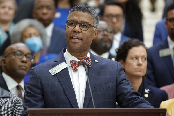 FILE -- Georgia House Minority Leader Rep. James Beverly, D-Macon, delivers a response to the State of the State of Georgia Gov. Brian Kemp at state Capitol on Wednesday, Jan. 25, 2023 in Atlanta. Beverly announced on Friday, March 8, 2024, that he would not seek reelection to the state House, meaning he will also step down as minority leader (AP Photo/Alex Slitz, file)