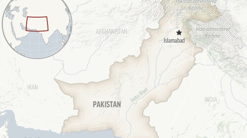 これは首都イスラマバードとカシミール地方を持つパキスタンのロケーションマップです。  (AP写真)
