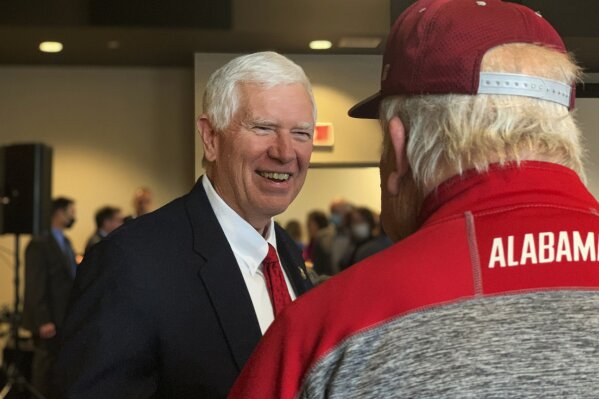 U.S. Rep. Mo Brooks greets supporters as he announces his campaign for U.S. Senate during a rally, Monday, March 22, 2021, in Huntsville, Ala. (AP Photo/Kim Chandler)