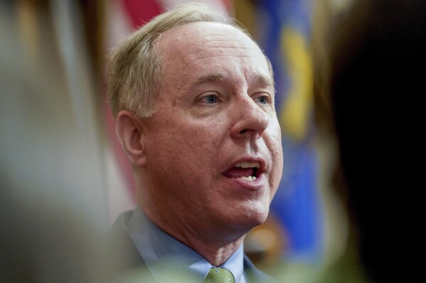 FILE - Wisconsin's Republican Assembly Speaker Robin Vos talks to reporters at the state Capitol, Feb. 15, 2022, in Madison, Wis. The Wisconsin Supreme Court on Wednesday refused to offer clarity on what legislative district boundary lines should be in play for a potential recall election sought by supporters of former President Donald Trump targeting Vos. (AP Photo/Andy Manis, File)
