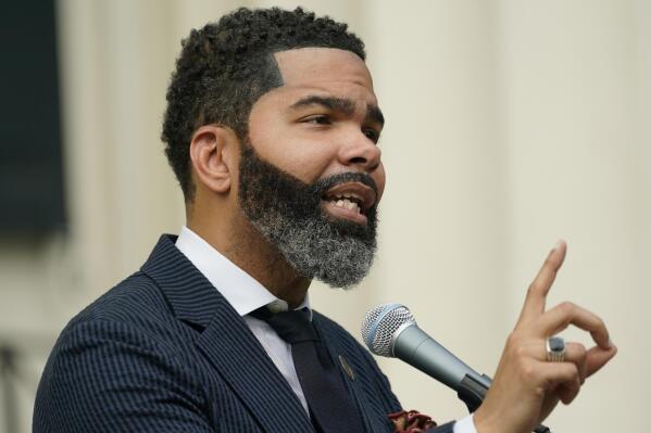 Jackson, Miss., Mayor Chokwe Antar Lumumba speaks at a Sept. 6, 2022, news conference, at City Hall. regarding updates on the ongoing water infrastructure issues. (AP Photo/Rogelio V. Solis)